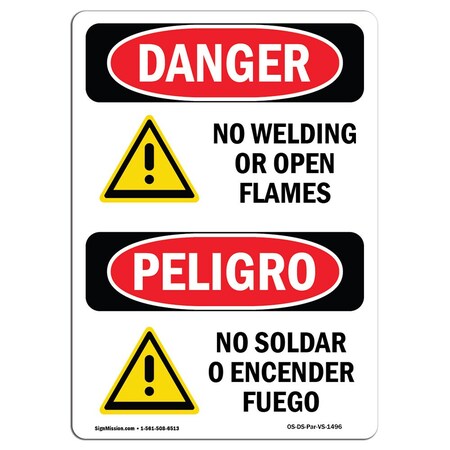 Signmission OSHA Danger, No Welding Or Open Flames Bilingual, 10in X 7in Decal, 7" W, 10" L, Bilingual Spanish OS-DS-D-710-VS-1496